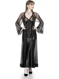 Kuşaklı Uzun Sabahlık Siyah Pamuk For Dreams 4962