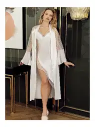 Asimetrik Kesim Tüllü Saten Gecelik Sabahlık Seti Perin 4022