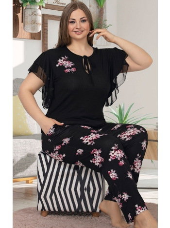 Büyük Beden Siyah Pamuklu Pijama Takımı Lady 10852