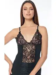 Göğüs Dantel İşlemeli Kadın Siyah Atlet Kolcu 2581