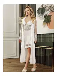 Güpür Detaylı Kısa Saten Gecelik Sabahlık Seti Perin 4019