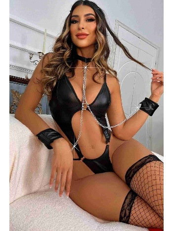 Merry See Deri Görünümlü Zincirli Kelepçeli Fantezi iç Giyim MS9153-Siyah