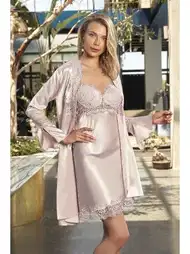 Kaplı Saten Kimono Takım Siyah-Gri Polyester Nurteks 5393