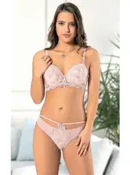 Dantelli Push-Up Pencereli Sütyen Külot Takım Pudra Lemariz 6610