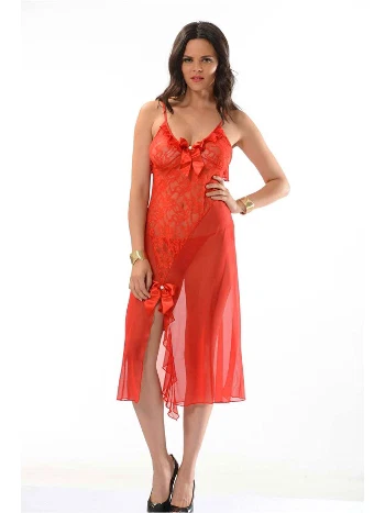 Kırmızı Askılı Uzun Gecelik Şifon Polyamit Sistina 202