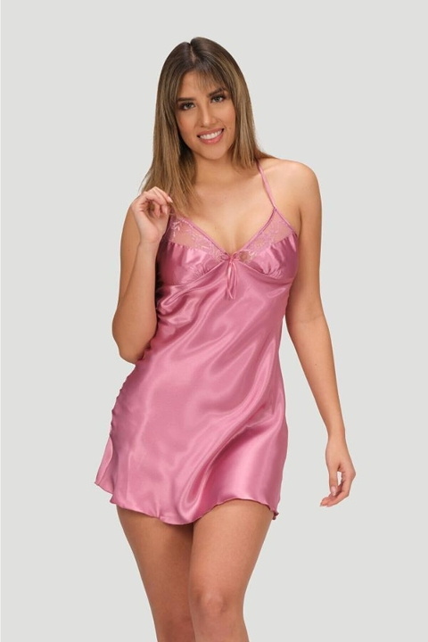 Dantel Biye Detaylı Kısa Saten Gecelik Takımı NBB 3150 - Pembe