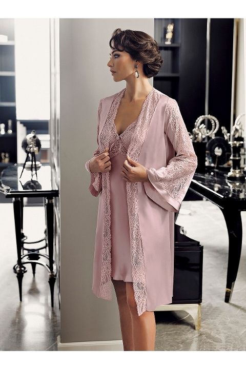 Güpür Detaylı Saten Gecelik Sabahlık Seti Perin 4014 - Pudra