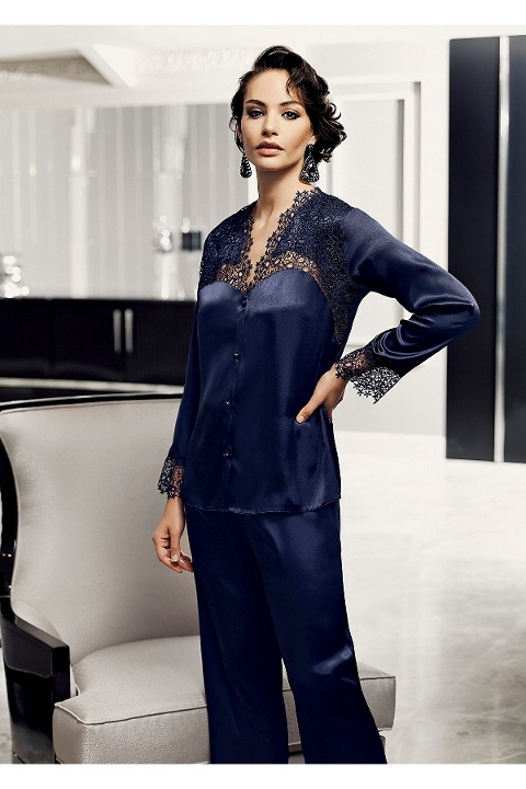 Güpürlü Saten Gelin Çeyiz Seti Ekru Pembe Ten Perin 9600 - Lacivert