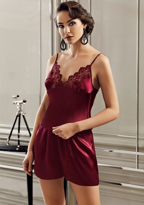 Saten Gelin Çeyiz Gecelik Sabahlık Takımı Pembe Perin 9300 - Bordo