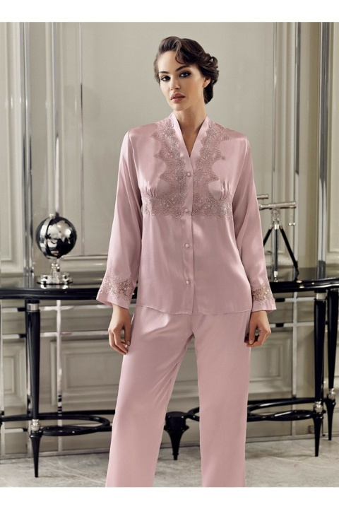 Saten Gelin Çeyiz Gecelik Sabahlık Takımı Pembe Perin 9300 - Pudra