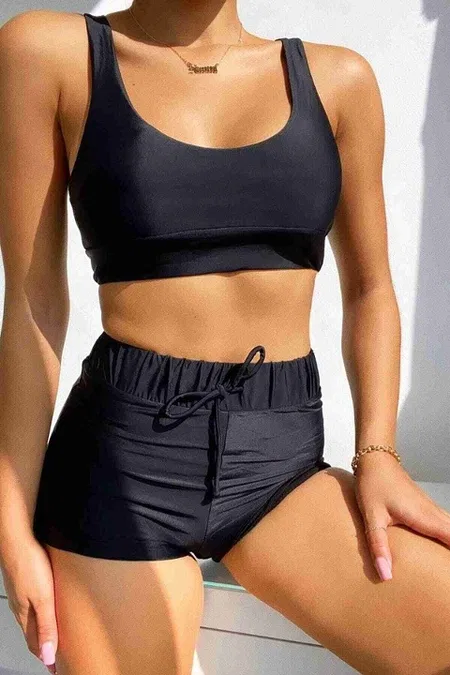 Şortlu Kadın Tankini Takım Siyah Angelsin MS4158 - Siyah