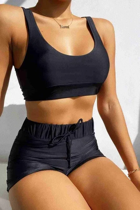 Şortlu Kadın Tankini Takım Siyah Angelsin MS4158 - Siyah