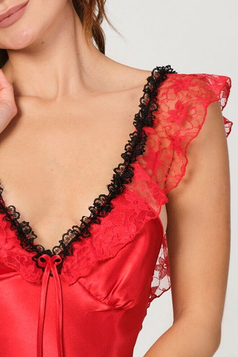 Fırfırlı Dantelli Asimetrik Kesim Saten Gecelik Kırmızı NBB 3147 - 2