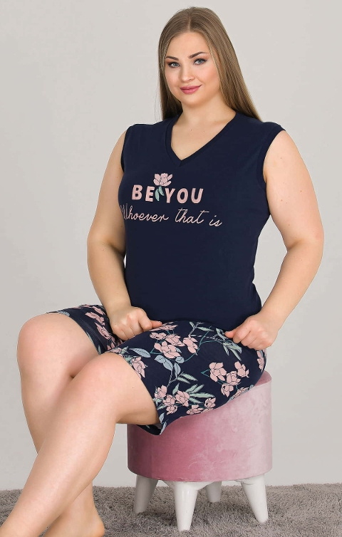 Lady Battal Lacivert Kısa Kollu Şort Pijama Takımı Lady 10351