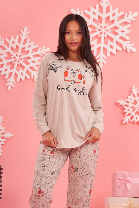 NBB Kedili Uzun Kollu Kadın Pijama Takımı NBB 67530