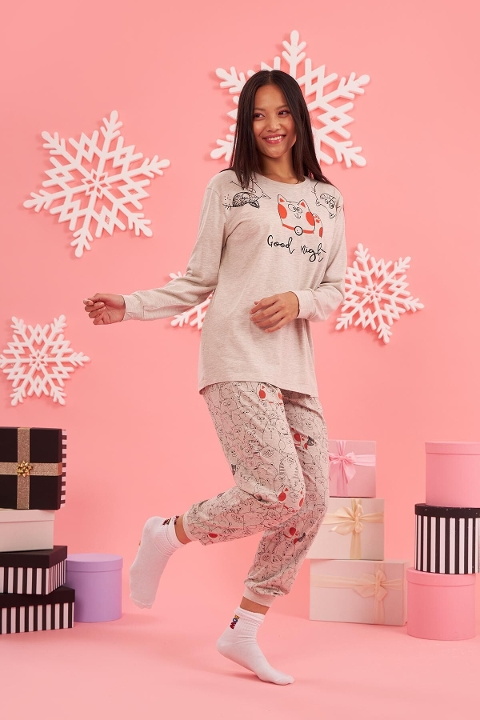NBB Kedili Uzun Kollu Kadın Pijama Takımı NBB 67530 - Görsel 2