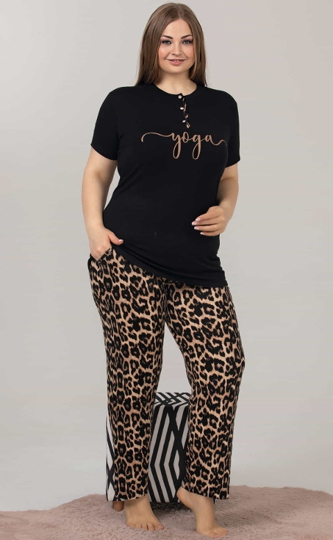 Büyük Beden Leopar Pijama Takımı Kadın Lady 10850 - Siyah