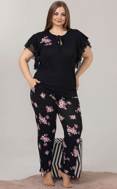 Büyük Beden Siyah Pamuklu Pijama Takımı Lady 10852 - 2