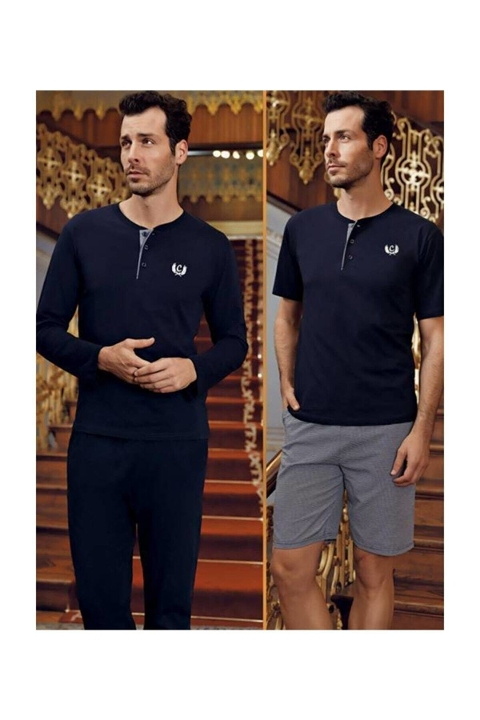 Ekru ve Pembe 5Li Pijama Robdöşambır Seti Perin 1095 - Lacivert