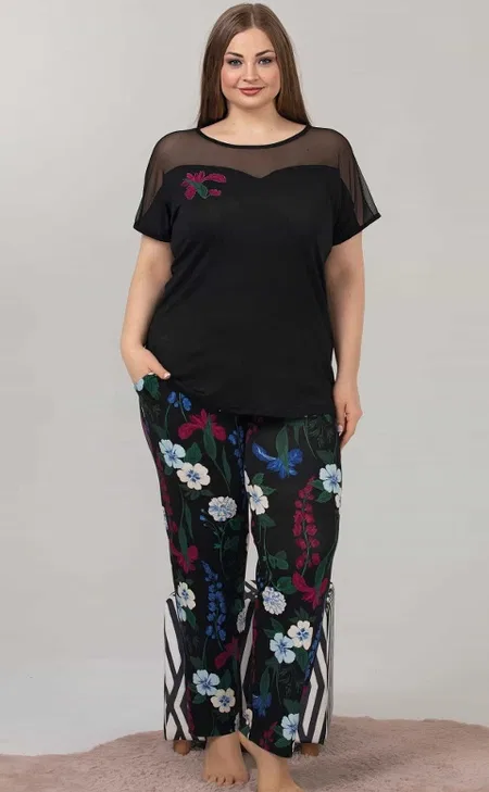 Lady Transparan Çiçek Desenli Büyük Beden Pijama Takımı Lady 10845 - Görsel 2