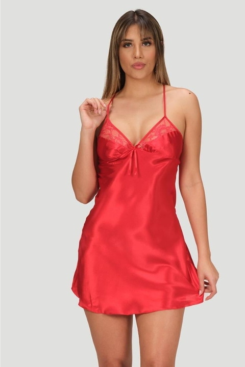 Dantel Biye Detaylı Kısa Saten Gecelik Takımı NBB 3150 - Kırmızı