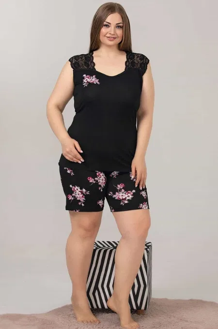 Dantelli Şort Pijama Takımı Siyah Lady 10359 - Siyah