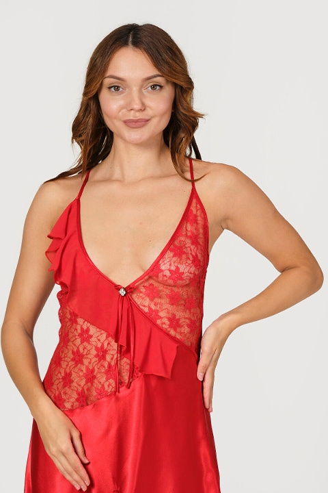 Dantelli Kısa Saten Gecelik Kırmızı NBB 3146 - 2