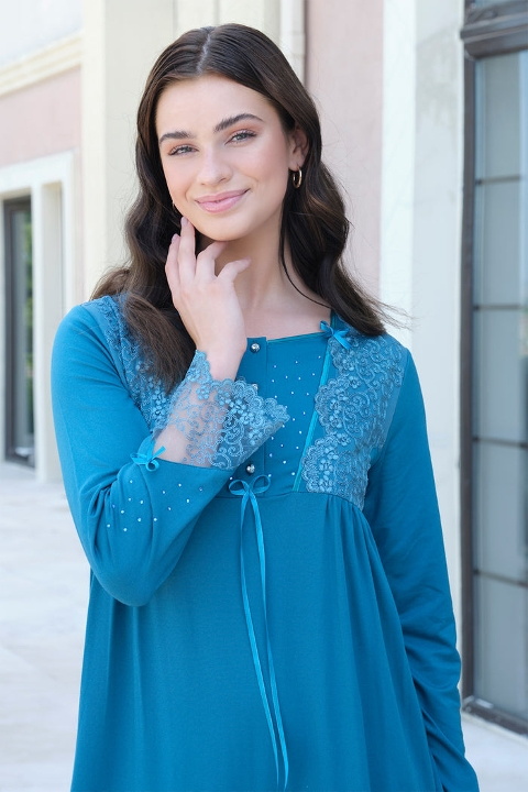 Kolları Dantelli Lohusa Gecelik Bone 5520 - Mavi