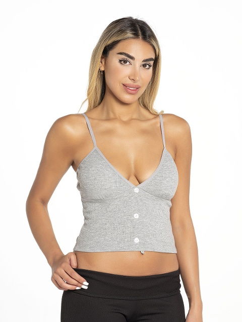 Düğmeli Fitilli Pedli Kadın Crop Defnem 8100 - Gri