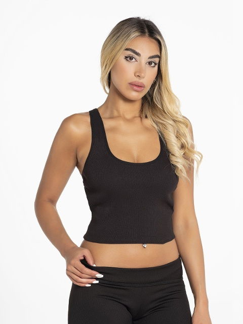 Kalın Askılı Fitilli Pedli Kadın Crop Defnem 8101 - Siyah