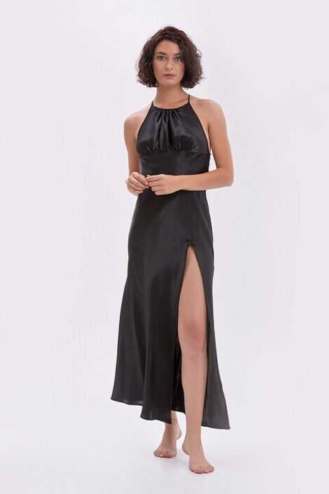 Desenli Uzun Saten Sabahlık NBB 3109 - Siyah