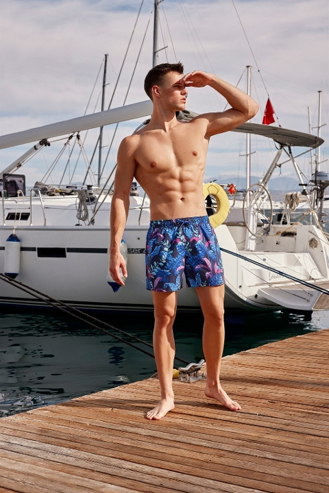 Polyester Mavi Desenli Erkek Cepli Şort Mayo Doreanse 3819 - Tropikal