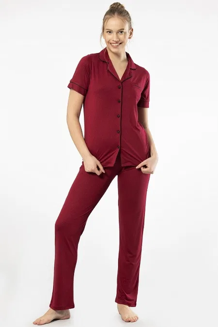 Kısa Kollu Gömlek Yaka Kadın Pijama Takımı Bordo Viskon Polyester Türen 3368 - Bordo