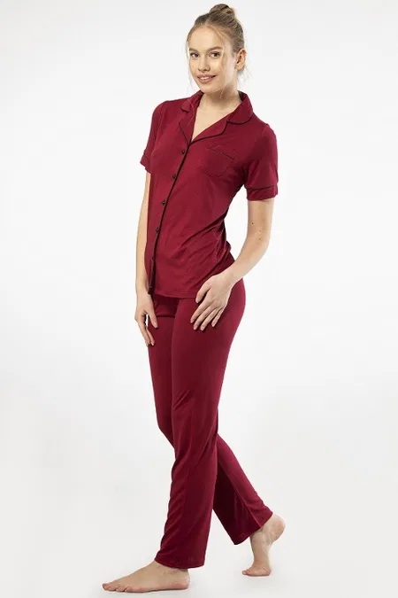 Kısa Kollu Gömlek Yaka Kadın Pijama Takımı Bordo Viskon Polyester Türen 3368 - Bordo
