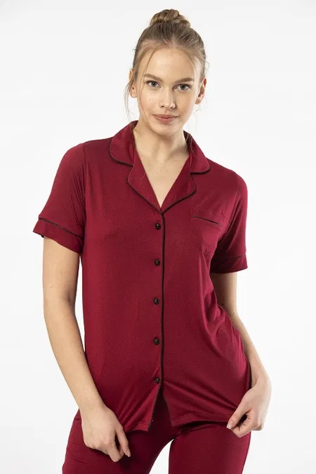 Kısa Kollu Gömlek Yaka Kadın Pijama Takımı Bordo Viskon Polyester Türen 3368 - Bordo