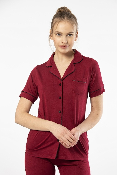 Kısa Kollu Gömlek Yaka Kadın Pijama Takımı Bordo Viskon Polyester Türen 3368 - Bordo