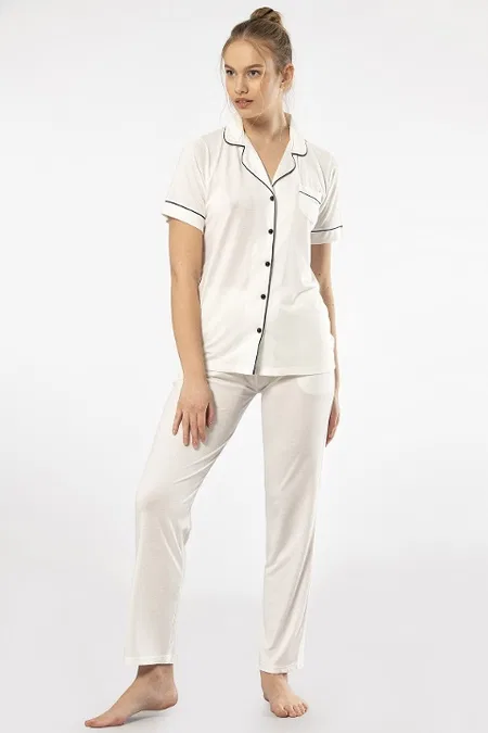 Yumuşak Viskon Kısa Kollu Kadın Pijama Takımı Türen 3368 - Ekru