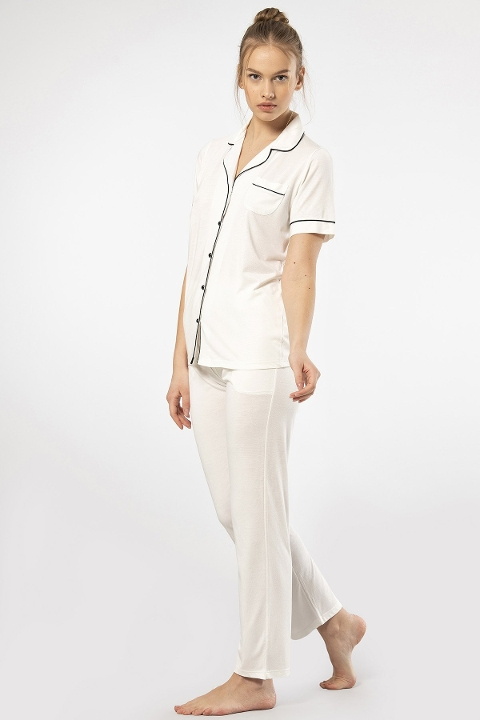 Yumuşak Viskon Kısa Kollu Kadın Pijama Takımı Türen 3368 - Ekru