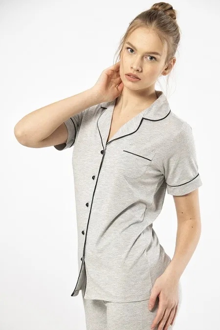 Gri Viskon Polyester Kısa Kollu Kadın Pijama Takımı Türen 3368 - Gri