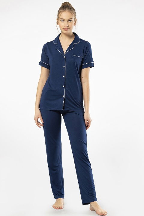 Lacivert Viskon Kısa Kollu Kadın Pijama Takımı Türen 3368