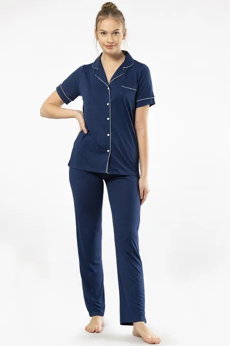 Lacivert Viskon Kısa Kollu Kadın Pijama Takımı Türen 3368 - Lacivert