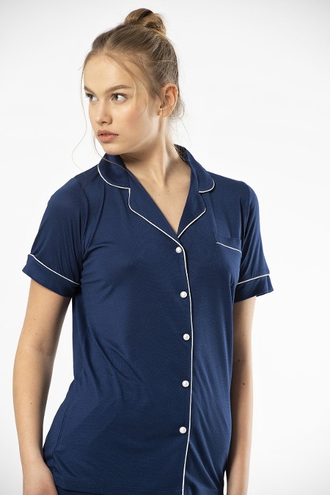 Lacivert Viskon Kısa Kollu Kadın Pijama Takımı Türen 3368 - Lacivert