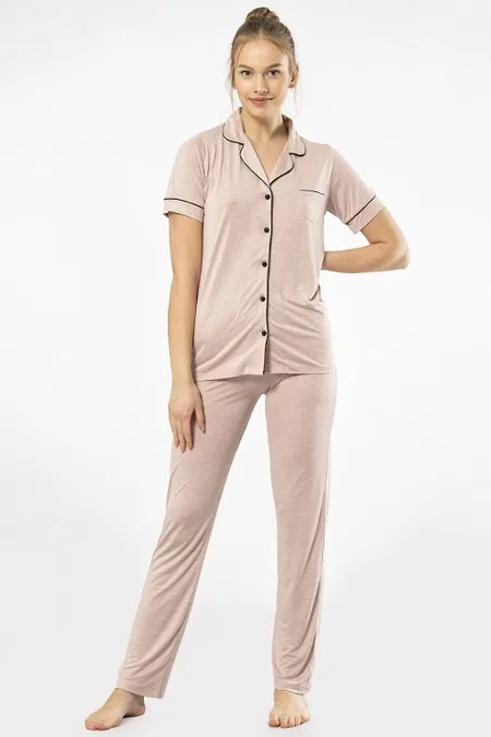 Viskon Polyester Kısa Kollu Kadın Pijama Takımı Türen 3368 - Pudra