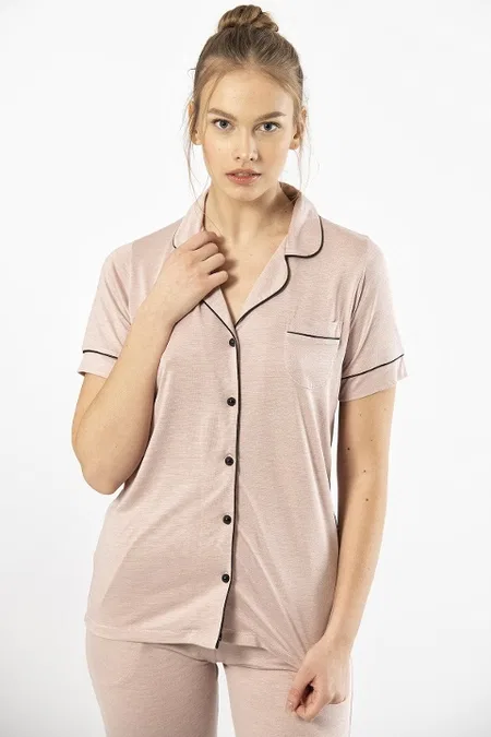 Viskon Polyester Kısa Kollu Kadın Pijama Takımı Türen 3368 - Pudra