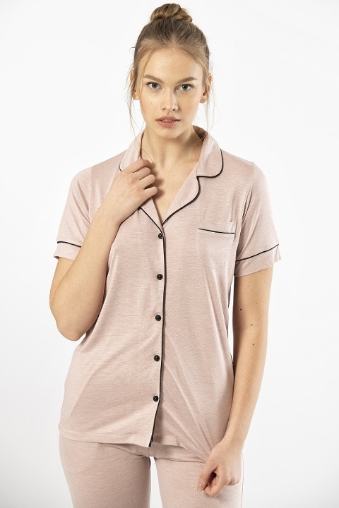 Viskon Polyester Kısa Kollu Kadın Pijama Takımı Türen 3368 - Pudra