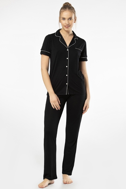 Düğmeli Kısa Kollu Gömlek Yaka Kadın Pijama Takımı Türen 3368 - Siyah