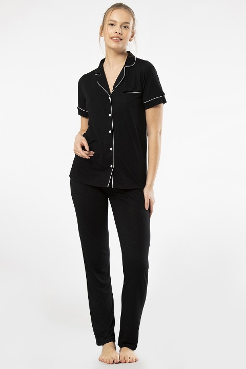 Düğmeli Kısa Kollu Gömlek Yaka Kadın Pijama Takımı Türen 3368 - Siyah