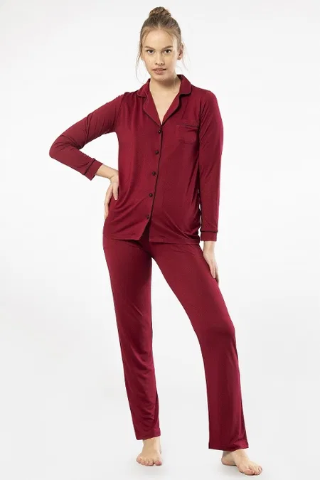Bordo Viskon Polyester Kadın Pijama Takımı Türen 3365 - Bordo