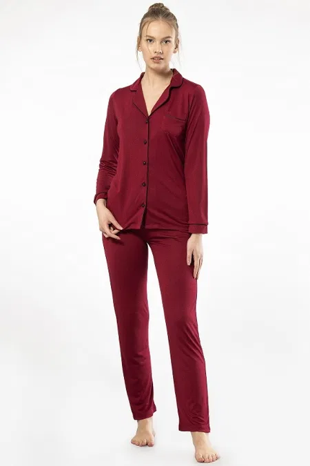 Bordo Viskon Polyester Kadın Pijama Takımı Türen 3365 - Bordo