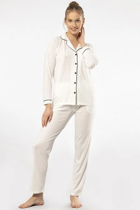 Gömlek Yaka Uzun Kollu Kadın Pijama Takım Viskon Polyester Türen 3365 - Ekru
